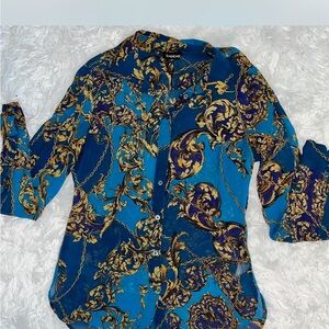Bebe Royal Blue and Gold Chain Print Shirt